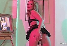 two hot blondes in sexy lingerie share a guy on the stairs