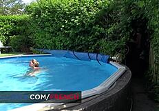 blonde babe bent over for anal sex around the pool