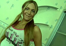 lovely blonde teen 18+ sucking cock in bed with blowjob deepthroat and fishnets lingerie