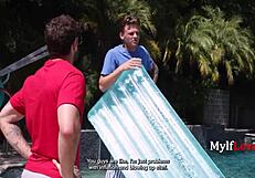 emotional memorial day with stepson sausage sneak suck on sofa outdoors by pool