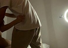 blonde babe with big tits gives handjob and blowjob to photographer's hard cock in homemade session. she licks pussy in missionary too