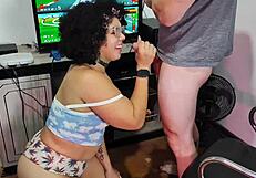 After losing the video game to Carmona, Sofie Lollipop had to deepthroat his big cock until he came in her mouth.