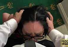 Chubby submissive hints at deep throating and intense fucking with toys in latex.