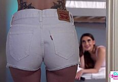 Petite Blonde Macy Meadows and Brunette Sera Ryder Deepthroat and Cum Swap on Stepbro's Cock