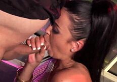 net brunette boss fucks her shaved pussy doggy-style in thong