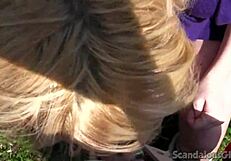 blonde girlfriend blowing boyfriend's cock outdoors in the park 😘