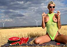 Delicious blowjob oral sex outdoors on a hot day with a hot blonde juicy watermelon big boobs public sex big lips tattoo girl juicy pussy blowjob deepthroat cum in mouth cum kissing