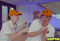 Two horny technicians got caught snooping in the garage by a busty milf with big tits and ass. She punished them with rough 3some sex and monster cock blowjobs.