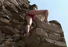 Coed ana fey relaxes outdoors in lingerie