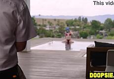 Two horny technicians got caught snooping in the garage by a busty milf with big tits and ass. She punished them with rough 3some sex and monster cock blowjobs.