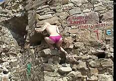 Coed ana fey relaxes outdoors in lingerie