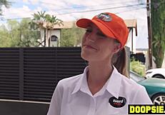 Two horny technicians got caught snooping in the garage by a busty milf with big tits and ass. She punished them with rough 3some sex and monster cock blowjobs.