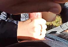 public blowjob and fingering leads to cum on tits close up