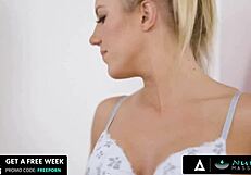 nuru massage: blonde bombshell candice dare flinches, then fucks annoying client suggestively