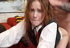 Skinny neighbor's pussy gets licked and fucked in missionary, ending with cum in mouth