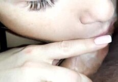 housewife in lingerie gives close-up blowjob after work, cum in mouth