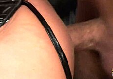 look at bound cop getting dick sucked by blonde milf in latex