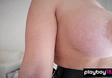 Pierced All-Natural Redhead La Sirena 69 Teases in Slutty Leather Lingerie with Her Big Tits