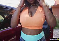 curvy ebony babe bounces on a stiff cock in close up