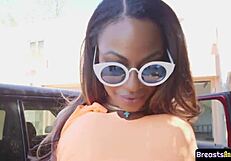 curvy ebony babe bounces on a stiff cock in close up