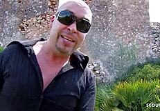 Sexy latina brunette engaging in rough anal sex with a stranger in a secluded outdoor location