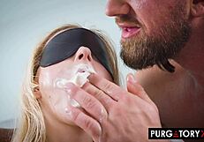 Why does petite blonde Coco Lovelock suck her stepdad's dick while blindfolded and bound in this shaved pussy reality scene?