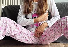 Teen in pajamas masturbates to squirting orgasm