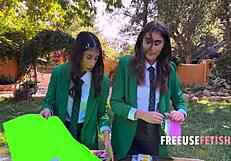 Bookish Teacher Leads Outdoor Threesome With Teen Girls In Uniform