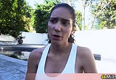 Sporty golddigger stepmom dives into her first taboo fuck outdoors in pov style with oral action