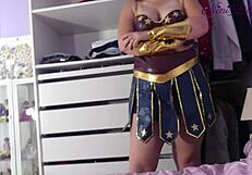 wonder woman costume girl jerks me off and sucks my cock in skirt and thong
