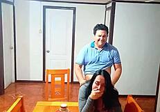 Sex before breakfast on the dining table with a stepmother taken by surprise