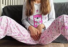 Teen in pajamas masturbates to squirting orgasm
