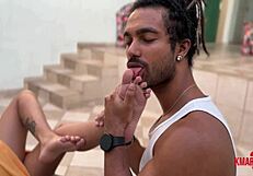 Brunette gives footjob and gets messy