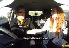 British ginger babe ella hughes gets rough pussy fuck during fake driving lesson. instructor gives cumshot on tits.
