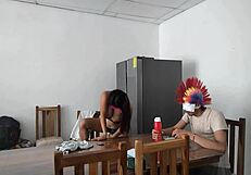 Housemaid Touches Her Body Sensually And Flirts With A Dildo While Feeding A Blind Man