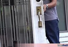 Cute Small Teen In Uniform Sells Cookies And Offers Her Pussy For Business.