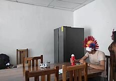 Housemaid Touches Her Body Sensually And Flirts With A Dildo While Feeding A Blind Man