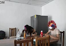 Housemaid Touches Her Body Sensually And Flirts With A Dildo While Feeding A Blind Man