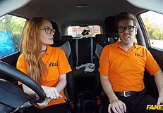 British ginger babe ella hughes gets rough pussy fuck during fake driving lesson. instructor gives cumshot on tits.