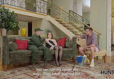 hunt4k ex-military cuckold surrenders shaved pussy on sofa