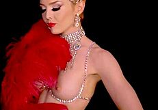 miranda shines in slutty burlesque, stripping and ripping clothes off her big tits!