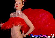 miranda shines in slutty burlesque, stripping and ripping clothes off her big tits!