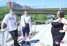 BBW MILF Mae Quira polls strangers about big tits outdoors.