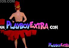 miranda shines in slutty burlesque, stripping and ripping clothes off her big tits!