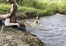 Two Hotties Sucked and Fucked Outdoors by River