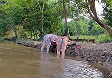 Two Hotties Sucked and Fucked Outdoors by River