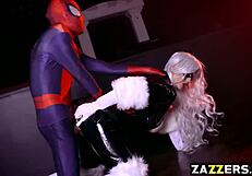 The BLACK CAT SUCKS SPIDEYS BIG COCK deep in her throat during cosplay