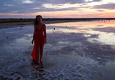 Walking in red sunset at Elton Salt Lake.