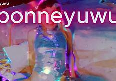 bonneyuwu, the cute argentinian teen, masturbates solo on her bed with a see-through dildo