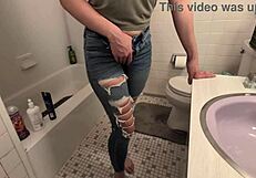 Amateur experiences pee desperation and golden shower in shower